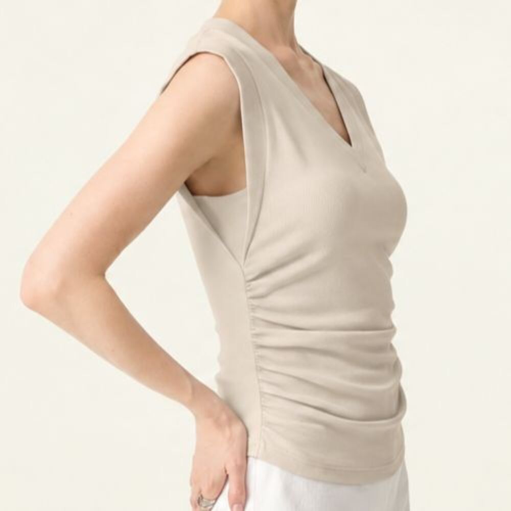 OGL Plantive Cotton Blend Ribbed Side Ruched V Neck Brami Tank Beige Size XL